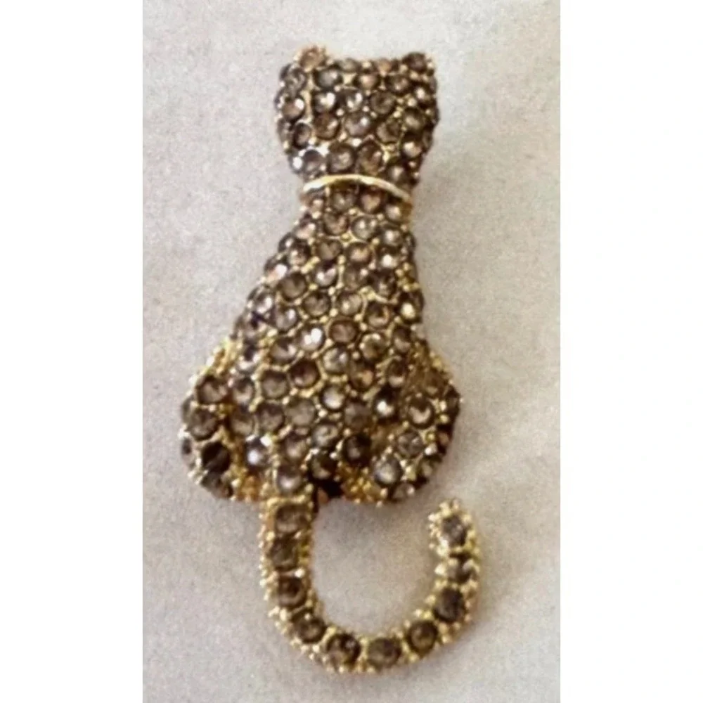 Vintage Mid-Century Cat Brooch Set 2 Rhinestone Pavé Sitting Cat Textured Gold